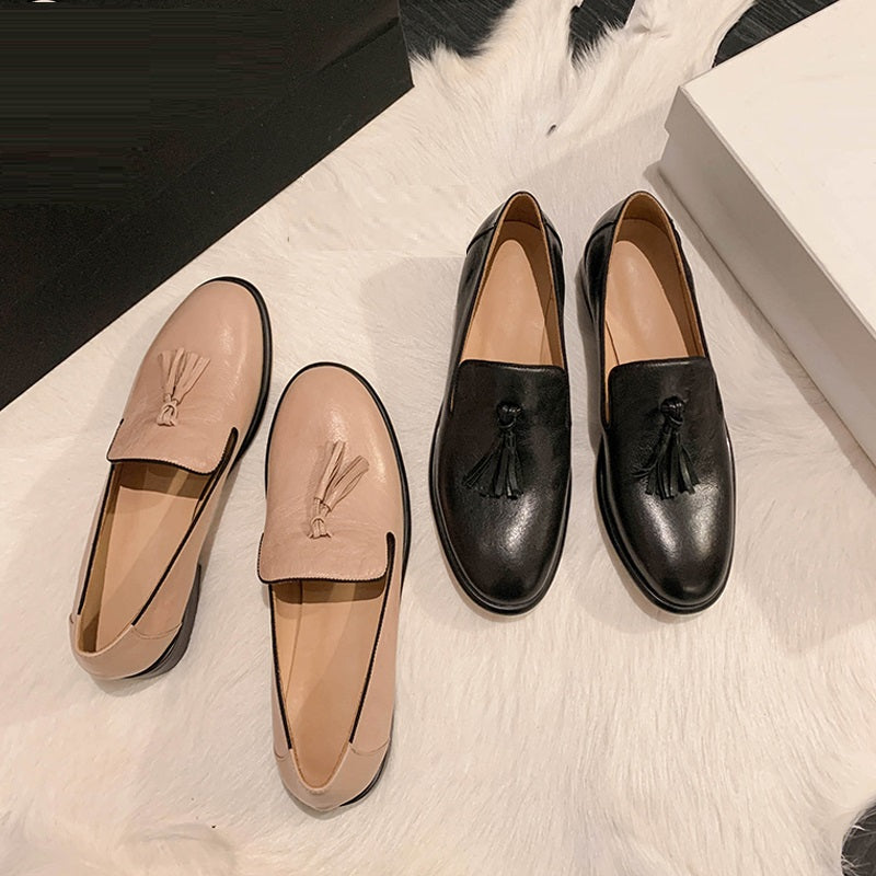 Mocasines con borlas de cuero genuino y punta redonda para mujer