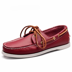 Mocasines náuticos con cordones de piel auténtica para hombre, Rojo