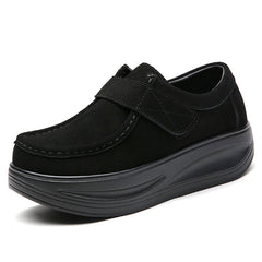 Mocasines con cuña efecto ante y cierre de velcro para mujer, Negro