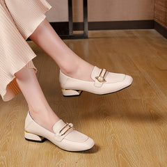 Mocasines de piel sintética con tacón grueso y cuadrado para mujer, Beige