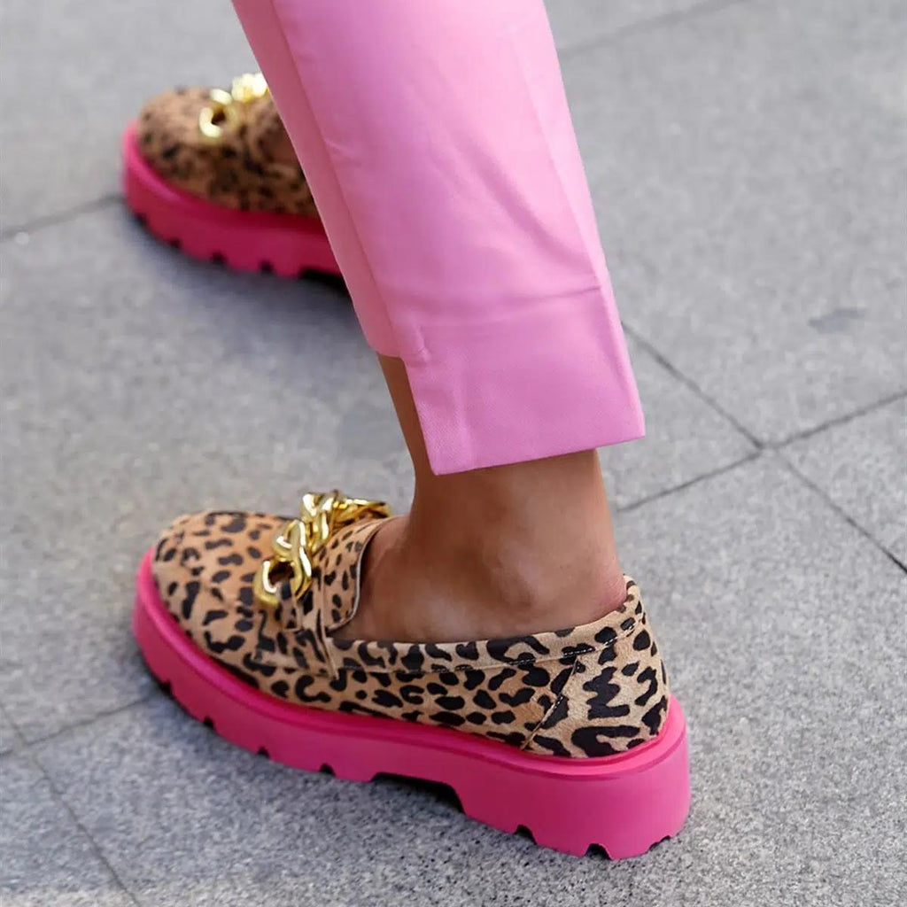 Mocasines leopardo tendencia con suela gruesa rosa para mujer