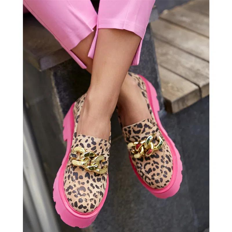 Mocasines leopardo tendencia con suela gruesa rosa para mujer