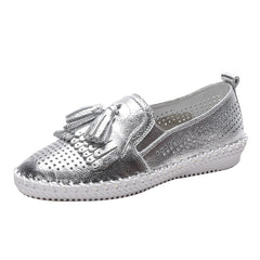 Mocasines suaves calados con borlas para mujer, Plata