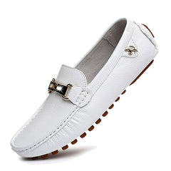 Mocasines flexibles efecto piel tendencia con hebilla dorada para hombre, Blanco