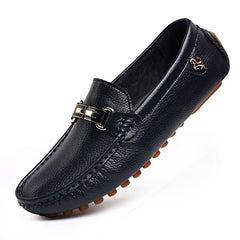 Mocasines flexibles efecto piel tendencia con hebilla dorada para hombre, Azul marino
