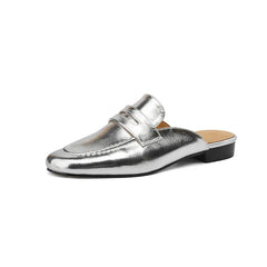 Mule mocasín penny de mujer de piel con tacón bajo, Plateado