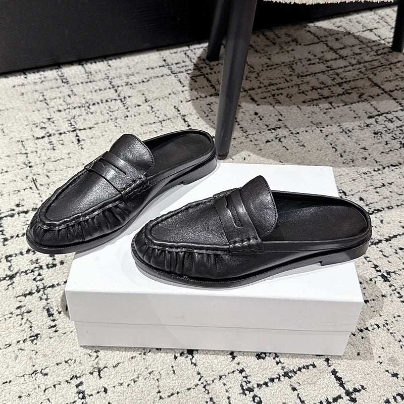 Mule mocasín penny mujer tacón plano negro ante, vista lateral