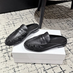 Mule mocasín penny mujer de tacón plano, Negro liso