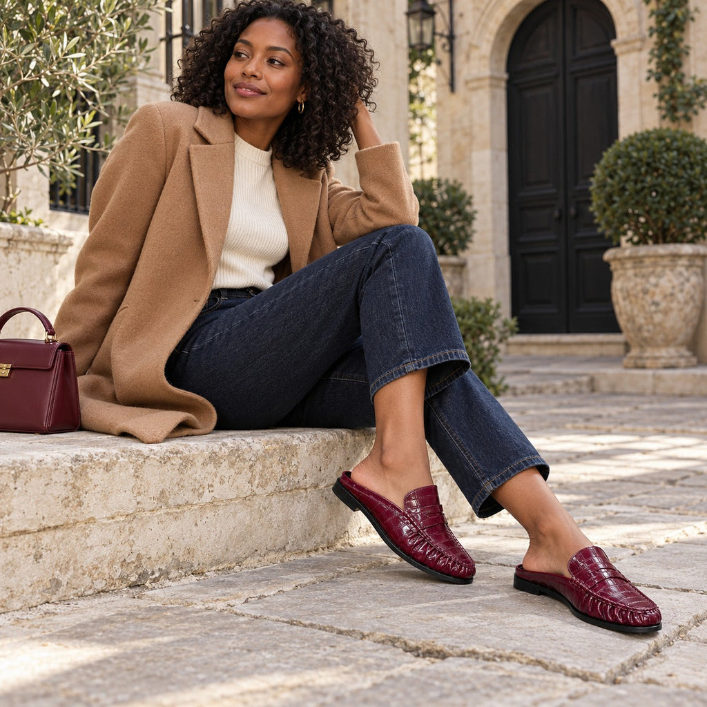 Mule mocasín penny mujer tacón plano negro liso, vista trasera