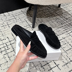 Mule mocasín penny mujer de tacón plano, Negro ante