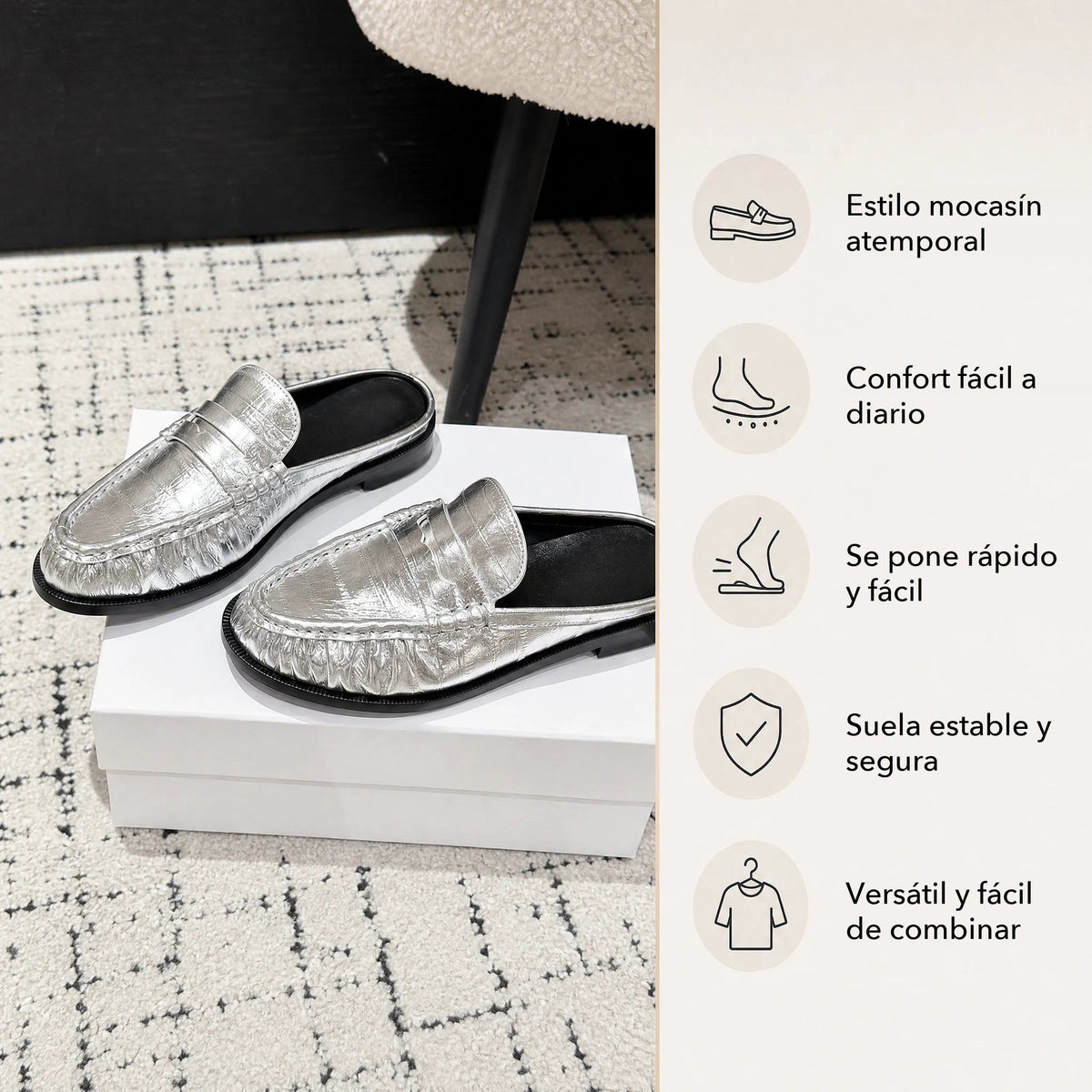 Mule mocasín penny mujer tacón plano plateado, detalle de la costura Imagen