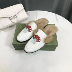 Mules forradas cálidas de mujer con motivo de seta, Blanco piel