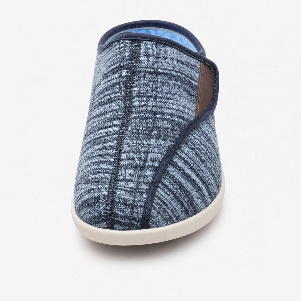 Mules ortopédicos con velcro en malla jaspeada, color gris claro, vista lateral