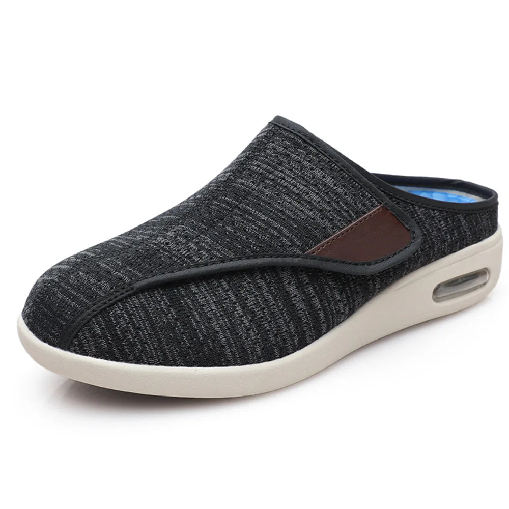 Mules ortopédicos con velcro en malla jaspeada, color azul, vista trasera