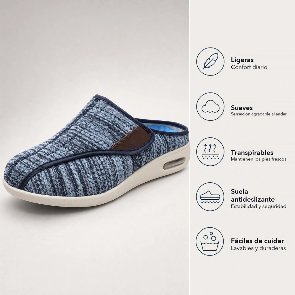 Mules ortopédicos con velcro en malla jaspeada, color gris claro, vista superior