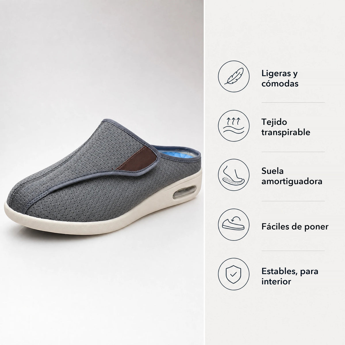 Mules ortopédicos con velcro en malla transpirable, color gris, vista superior