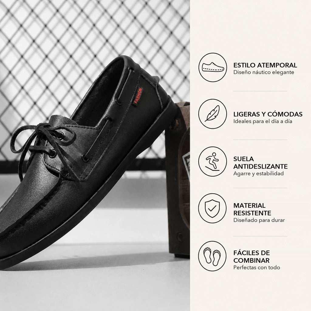 Zapato náutico de hombre negro con cordones en piel, detalle de la suela