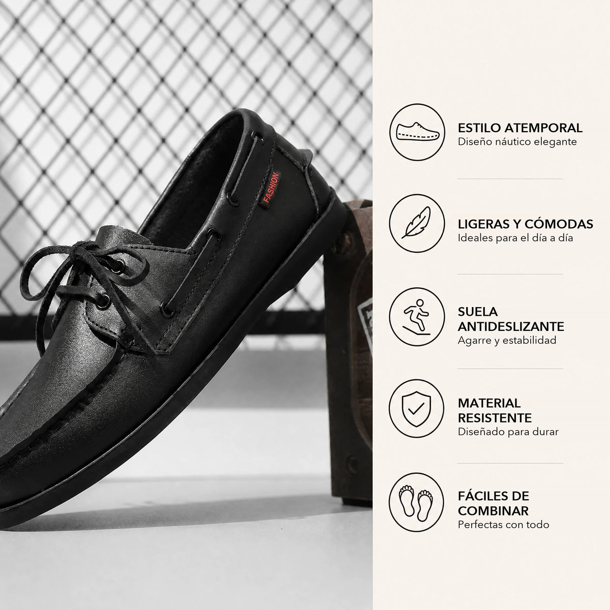 Zapato náutico de hombre negro con cordones en piel, detalle de la suela